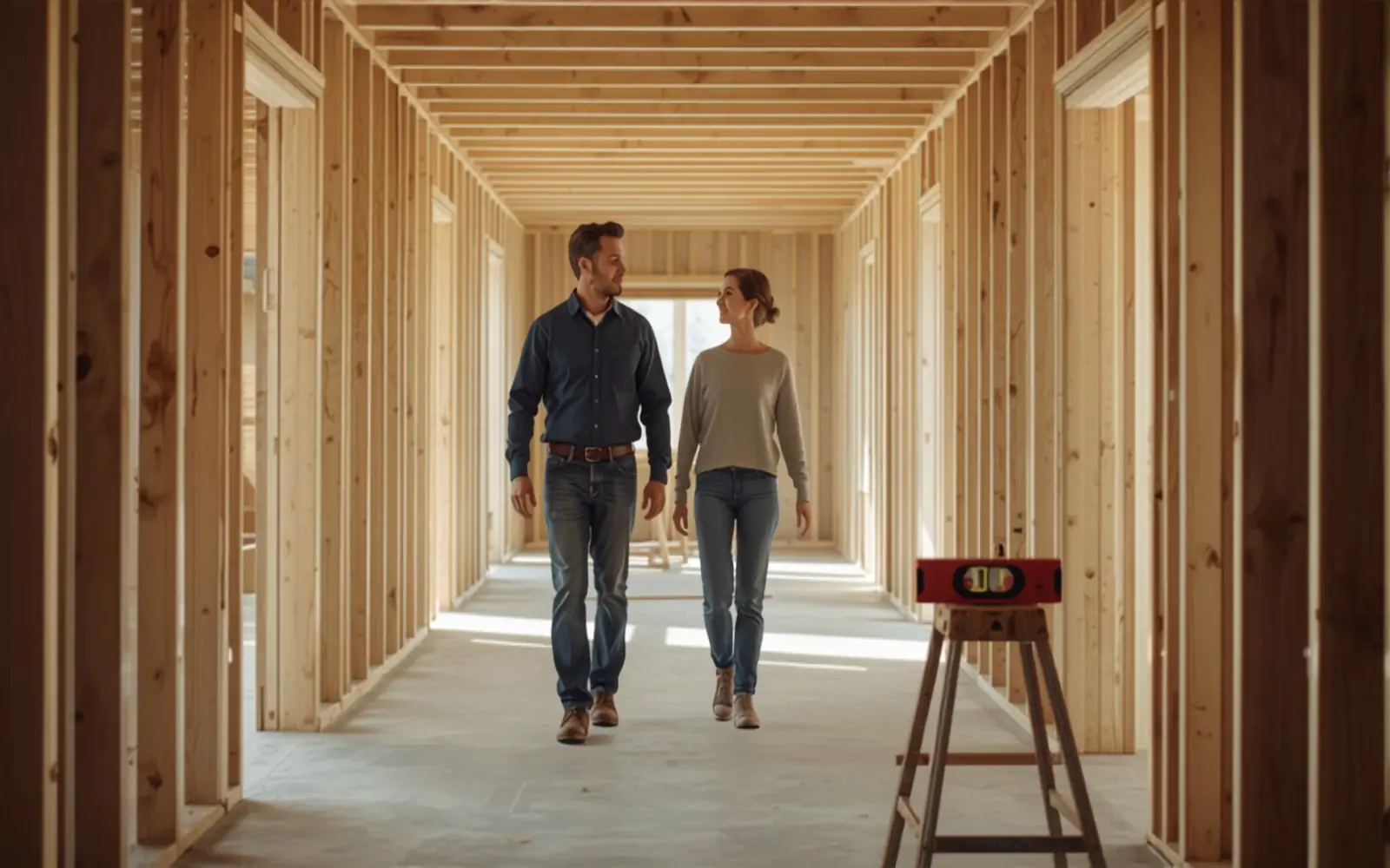 Contractor and homeowner walking through a framed home addition