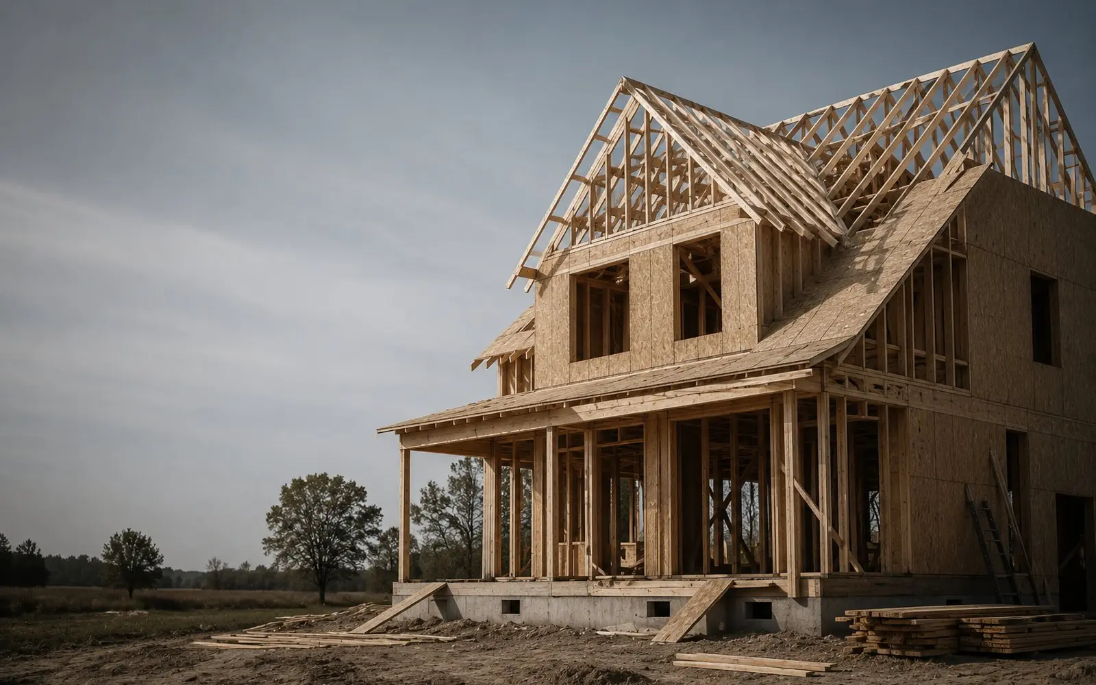 Framed two story house under construction with roof trusses set and sheathing partly on