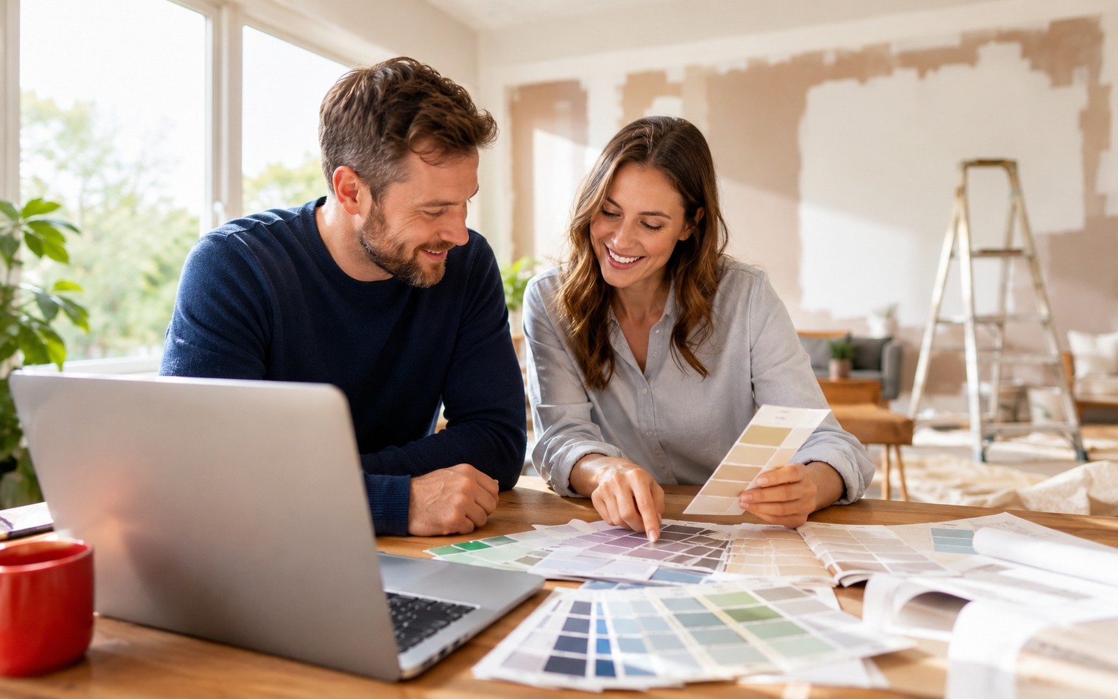 Couple at a dining table planning a renovation with paint swatches