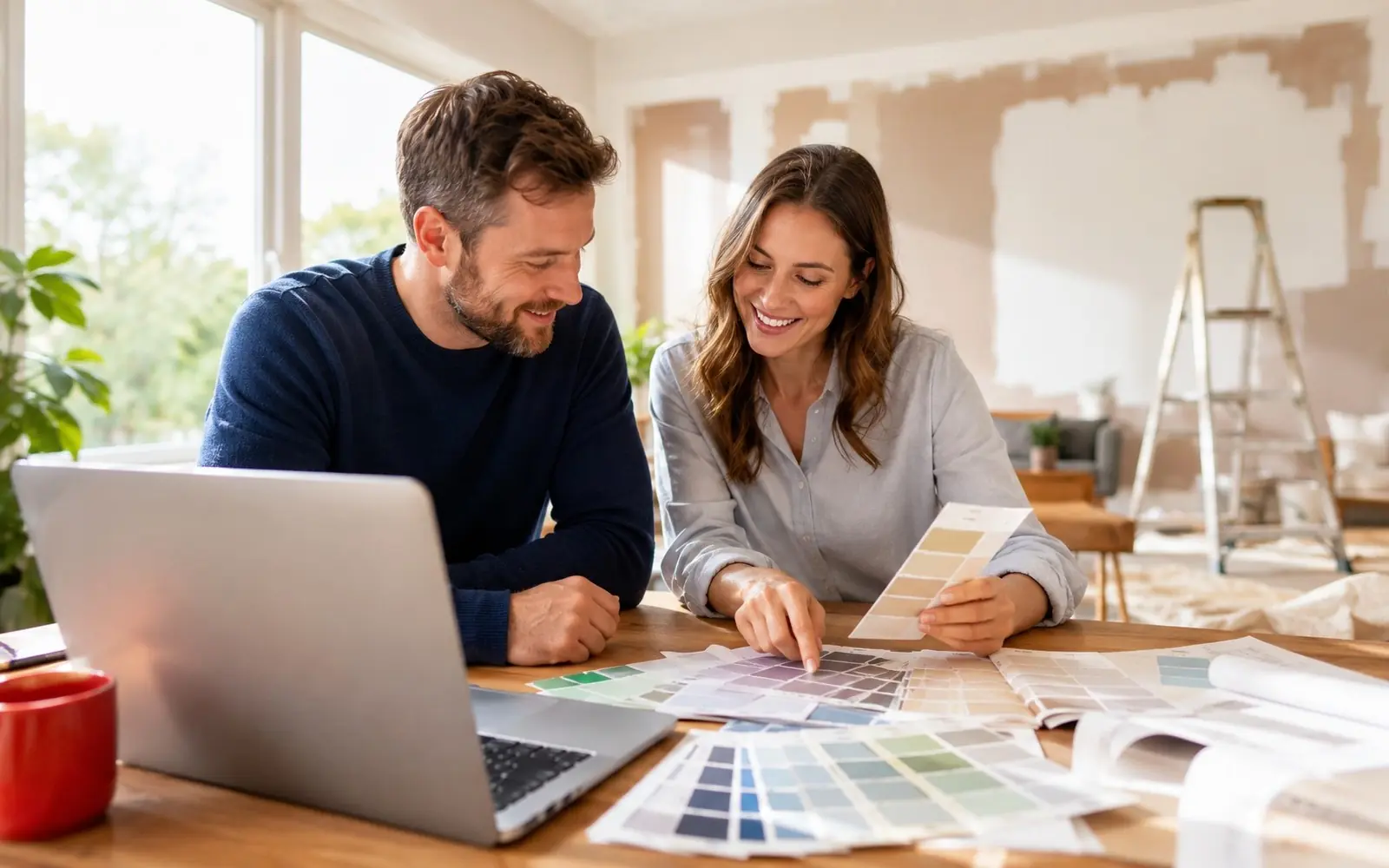 Couple at a dining table planning a renovation with paint swatches