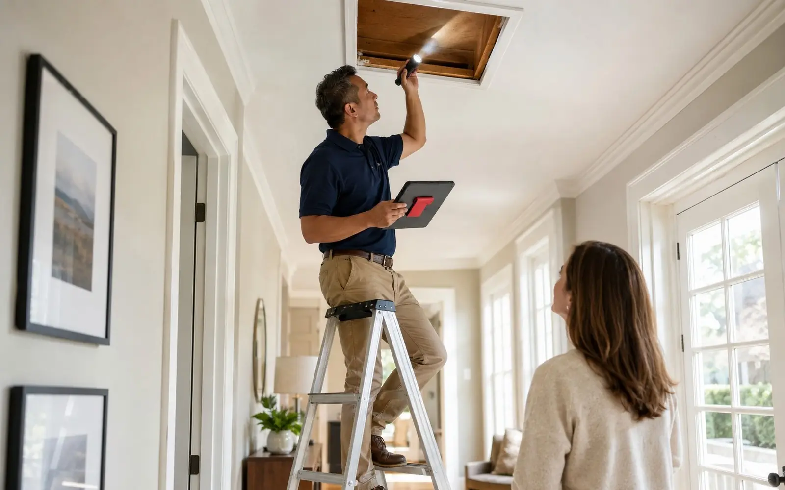 Home inspector on a ladder checking attic access with a flashlight