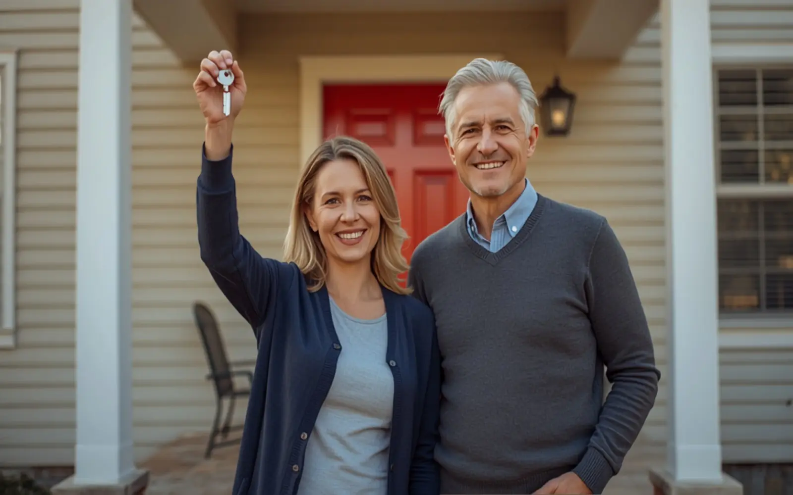 Couple standing proudly in front of their home with a red front door