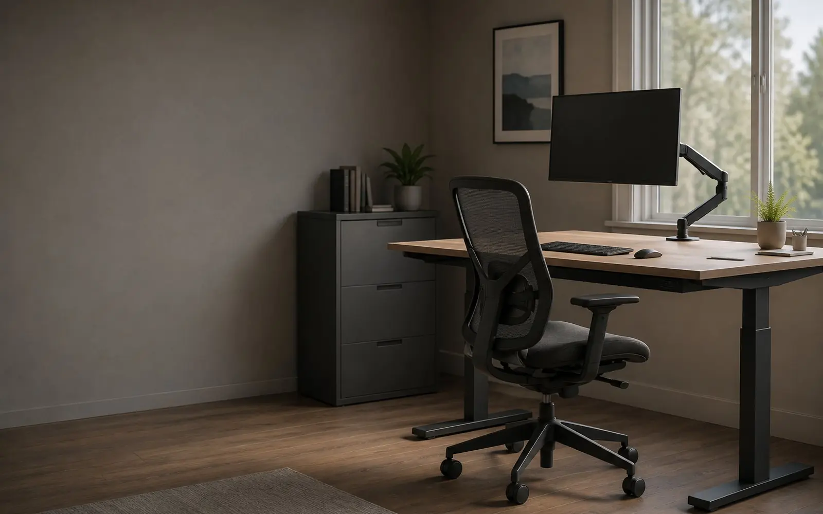 Height adjustable desk with a monitor arm, task chair and closed filing cabinet
