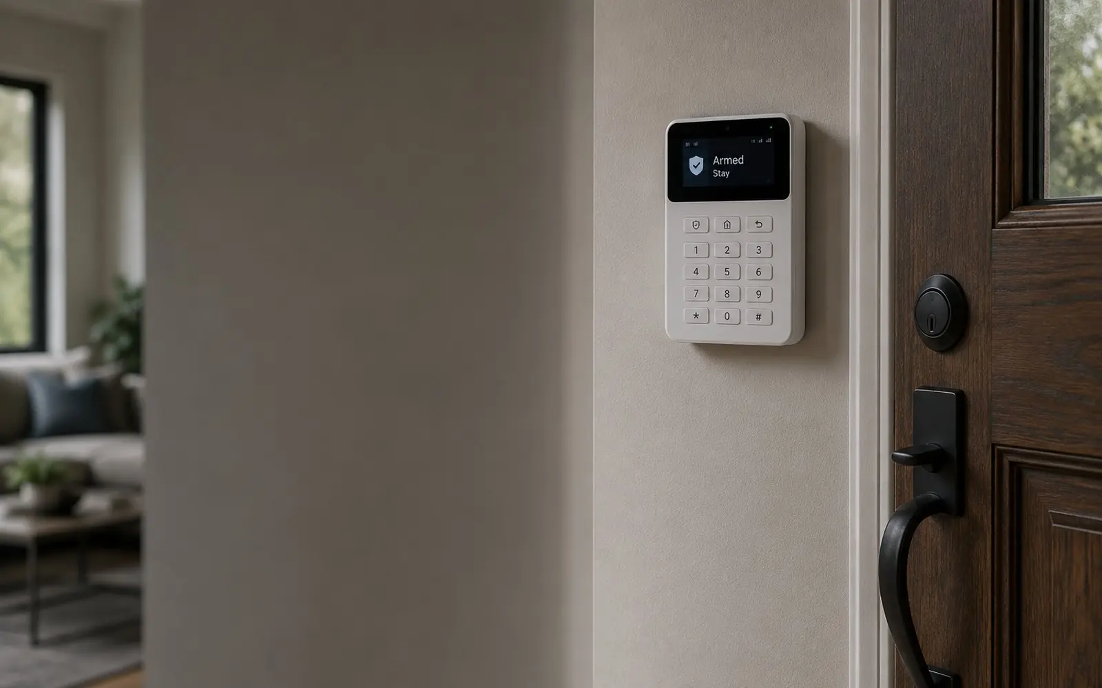 Wall mounted alarm keypad showing an armed status beside a front door