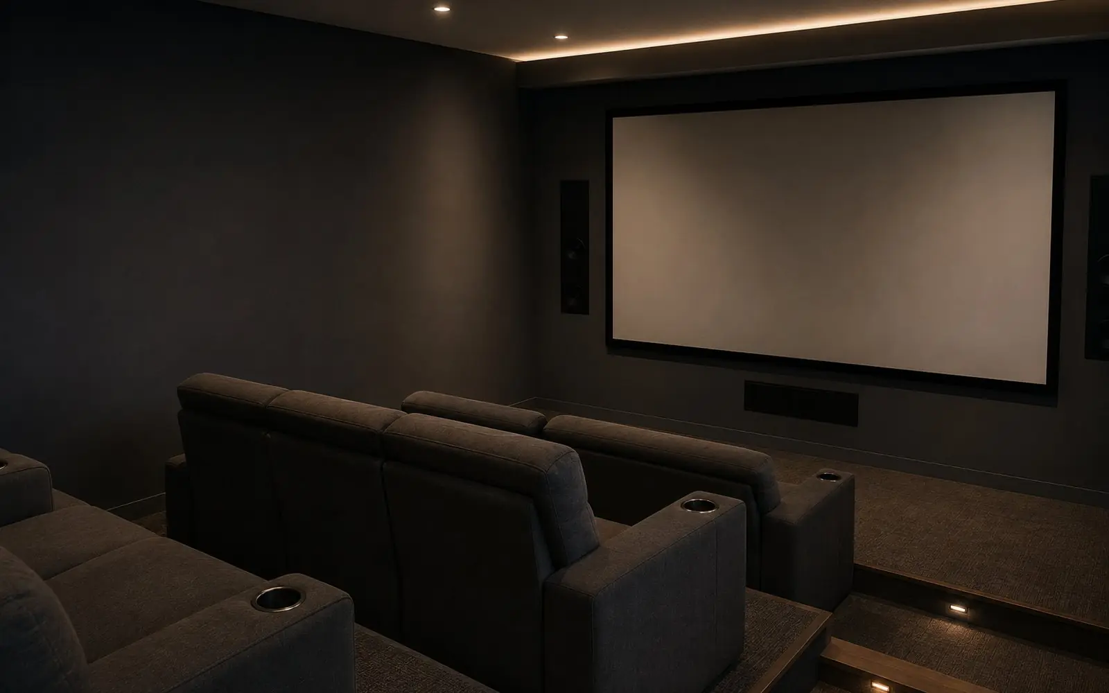 Media room with tiered seating facing a large screen and in-wall speakers