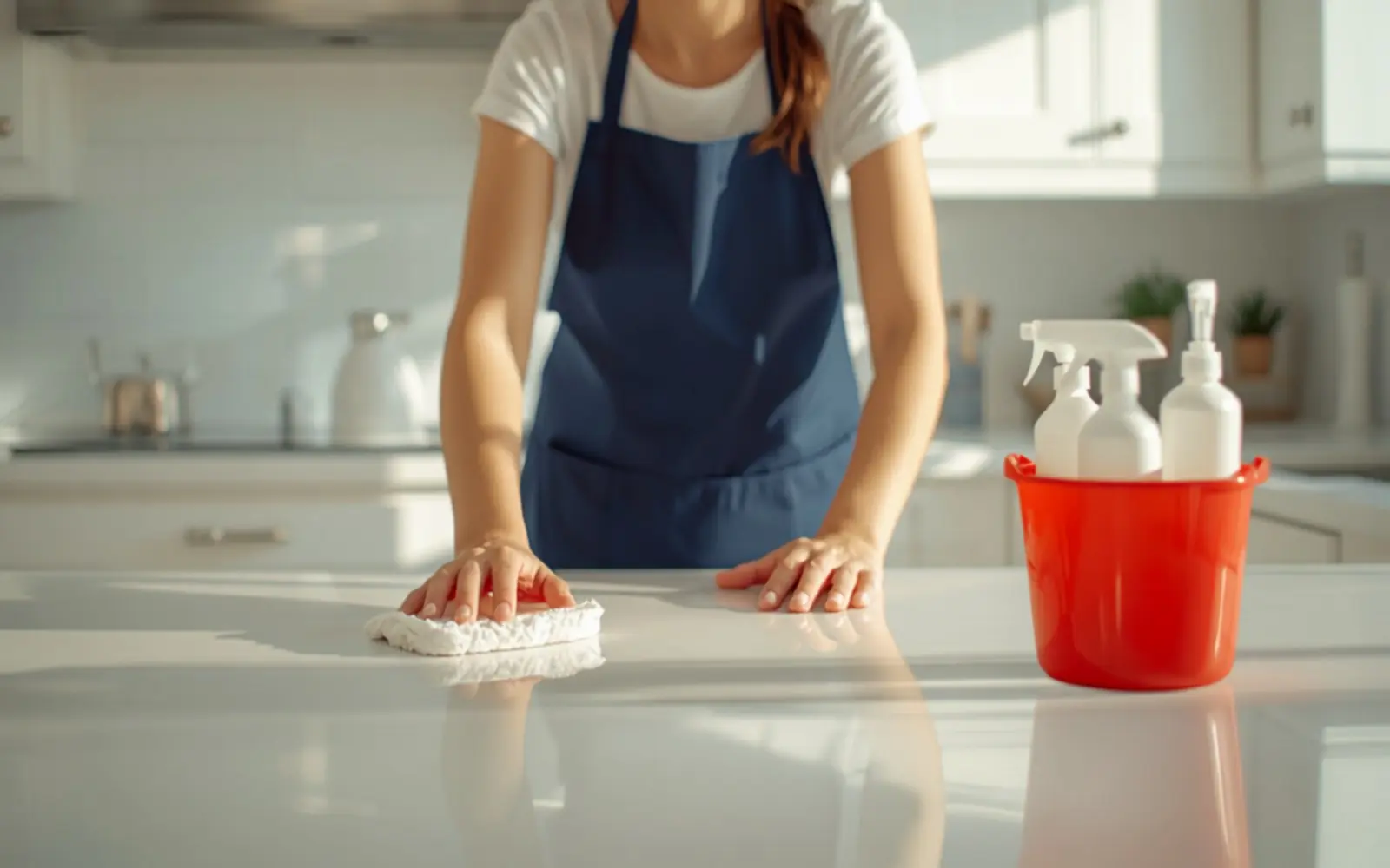 House cleaner polishing a bright kitchen counter