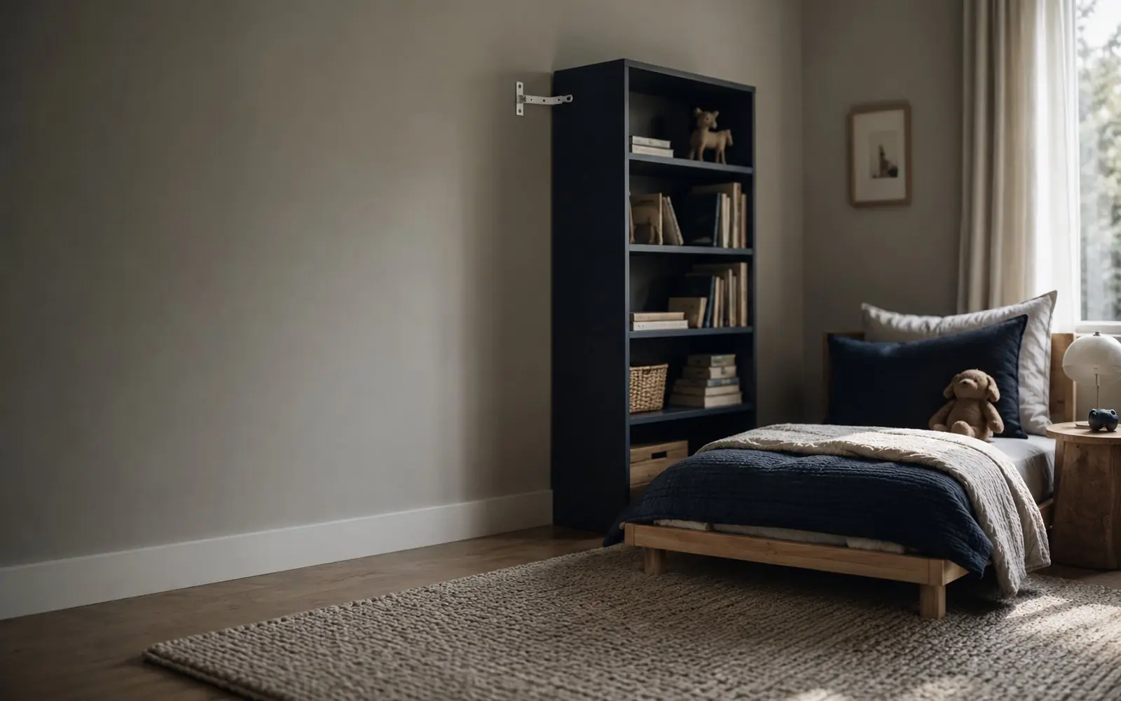 Child's bedroom with a low bed, anchored bookshelf and soft rug