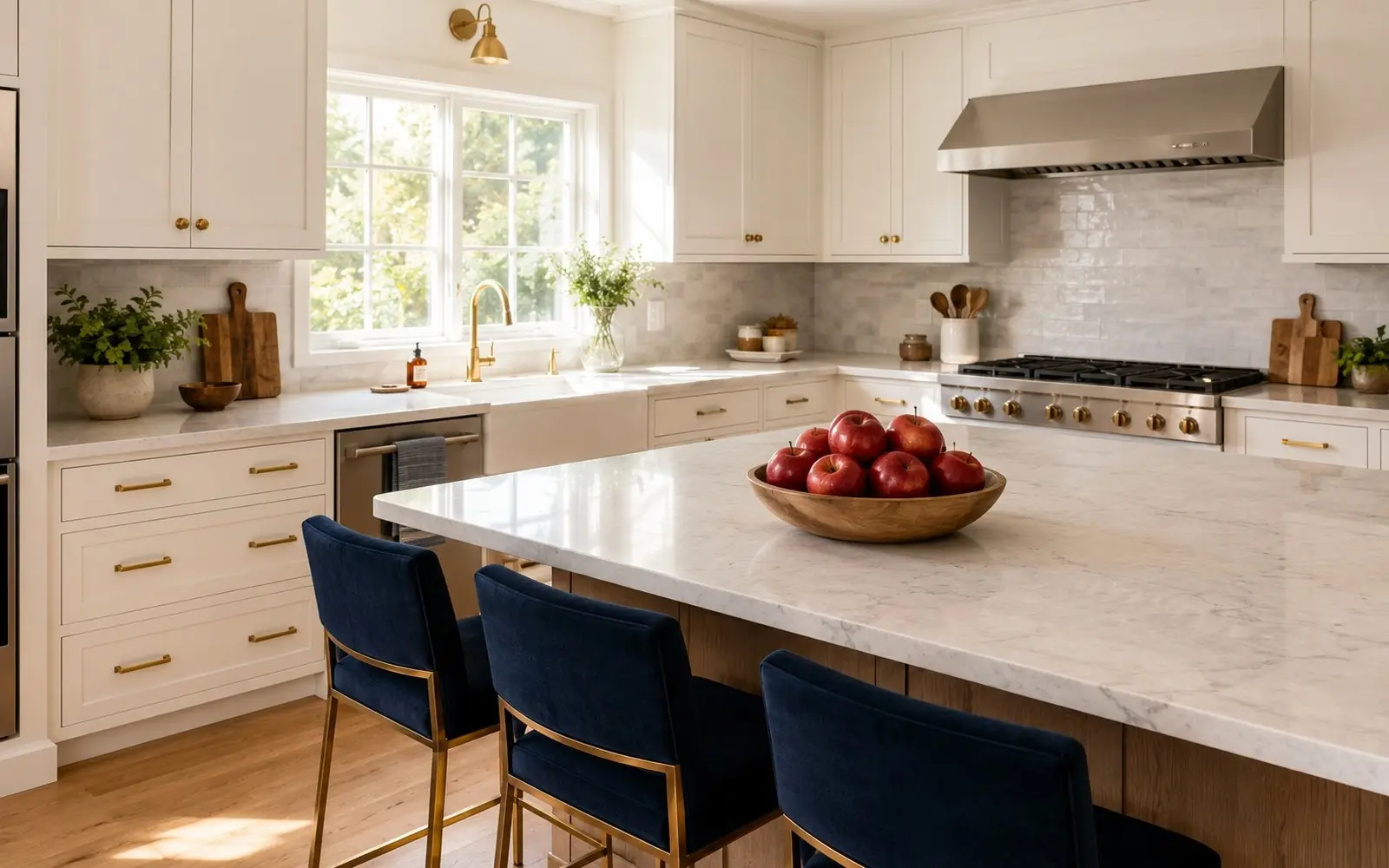 Newly remodeled kitchen with white shaker cabinets and a large island