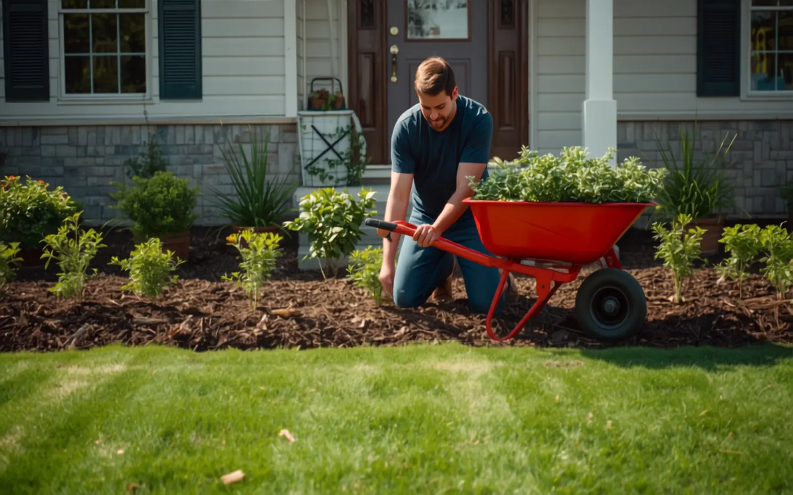 Landscaper planting shrubs along a fresh mulched bed in front of a home