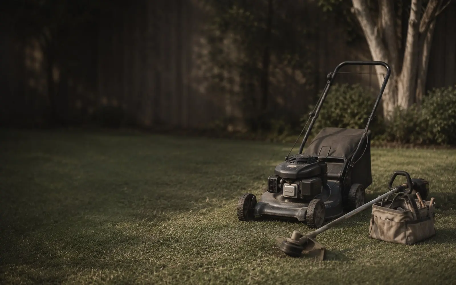 Push mower on cut grass beside a string trimmer and a tool bag