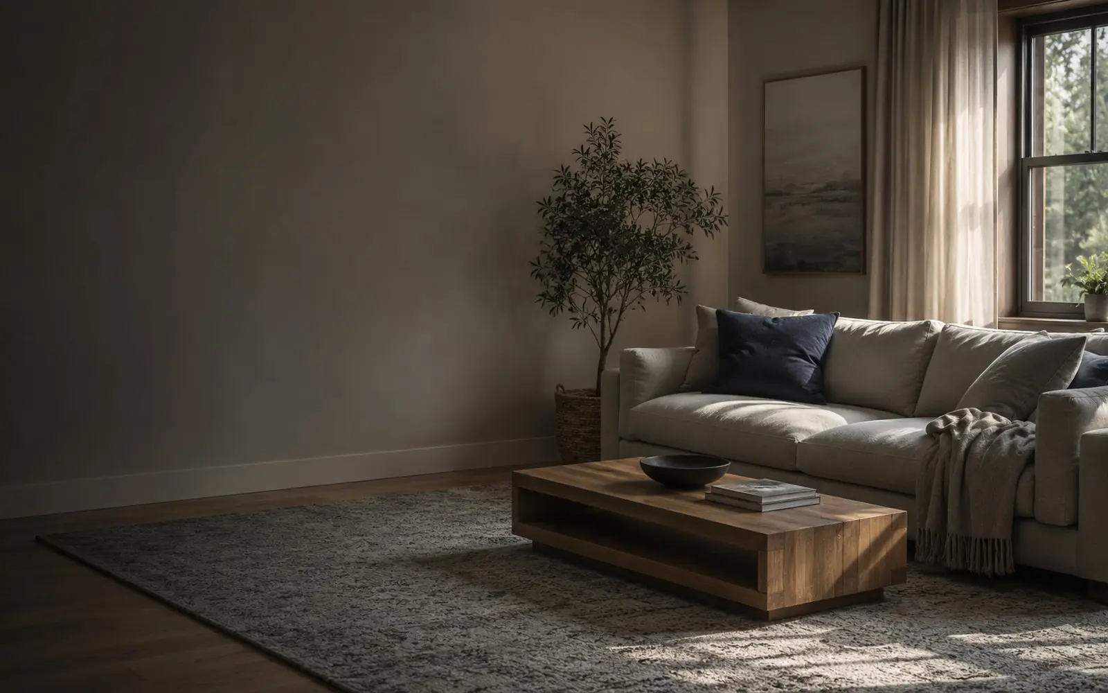 Living room with a fabric sofa, low coffee table and large area rug