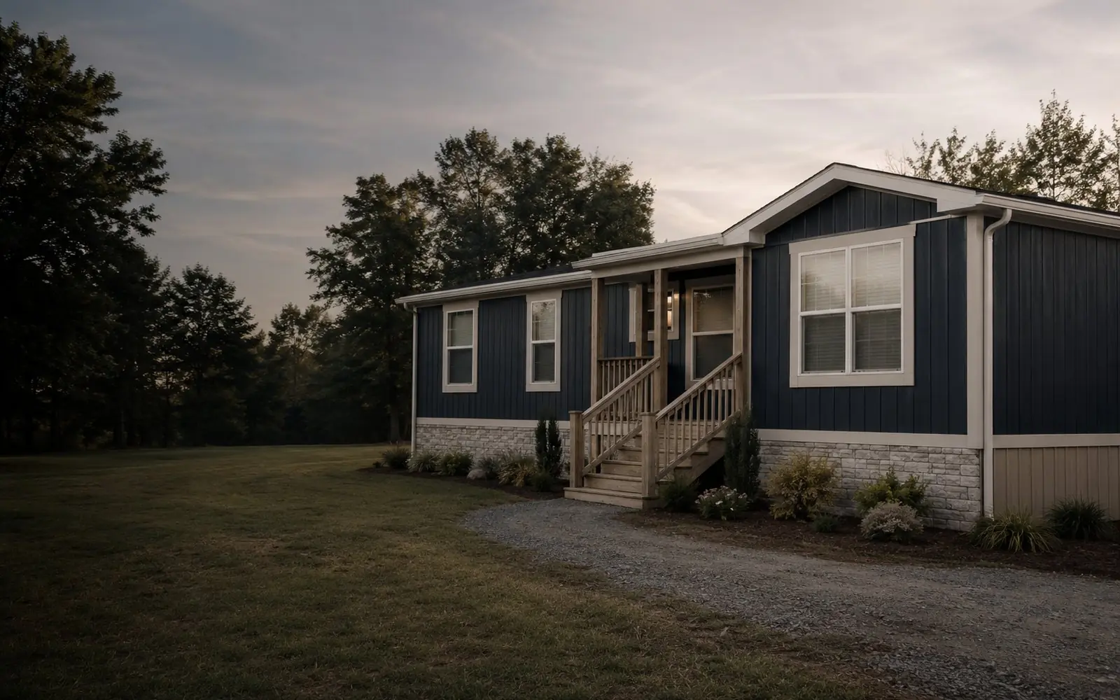 Manufactured home on a permanent foundation with skirting and a set porch