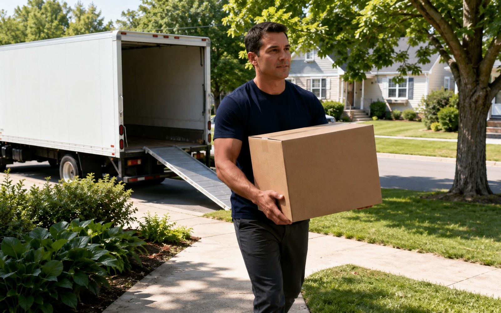 Mover carrying a box up a walkway from an unmarked moving truck