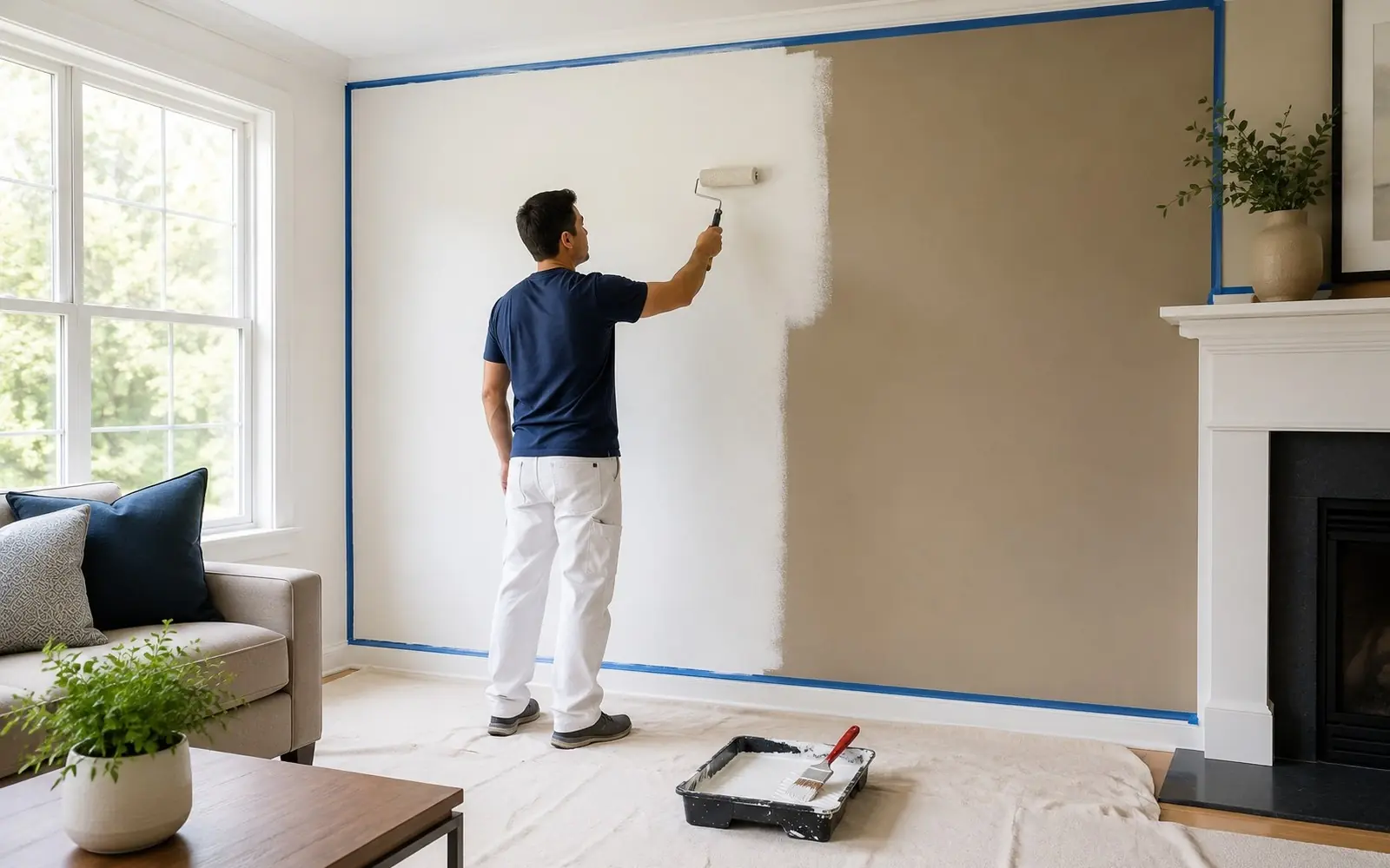 Painter rolling warm white paint onto a living room wall