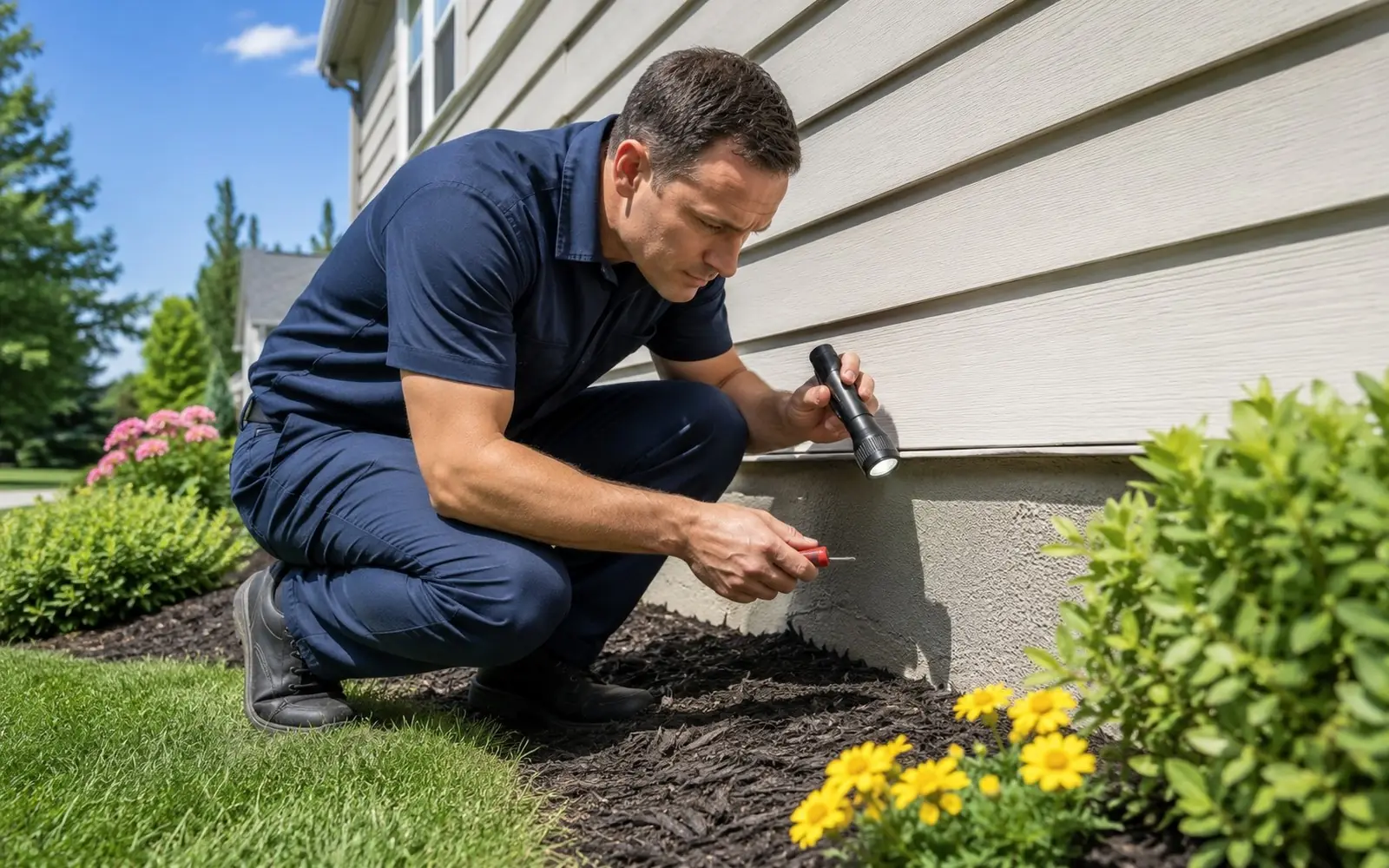 Pest control technician inspecting a home's foundation line