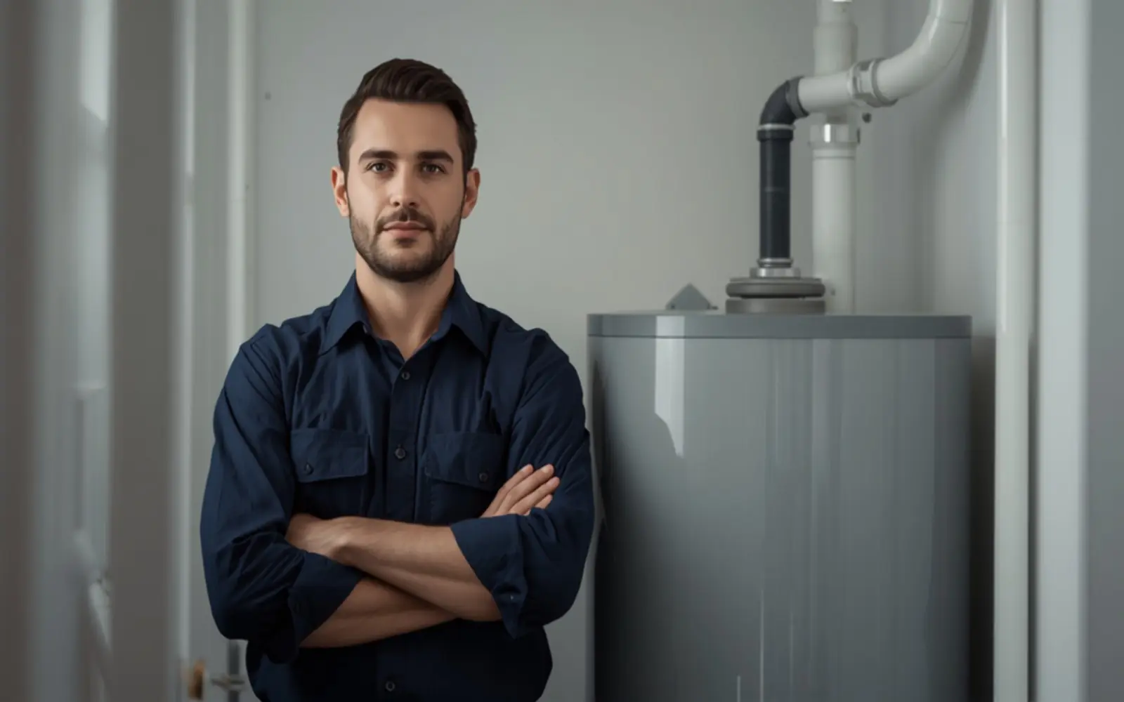 Technician standing beside a water heater in a bright utility room