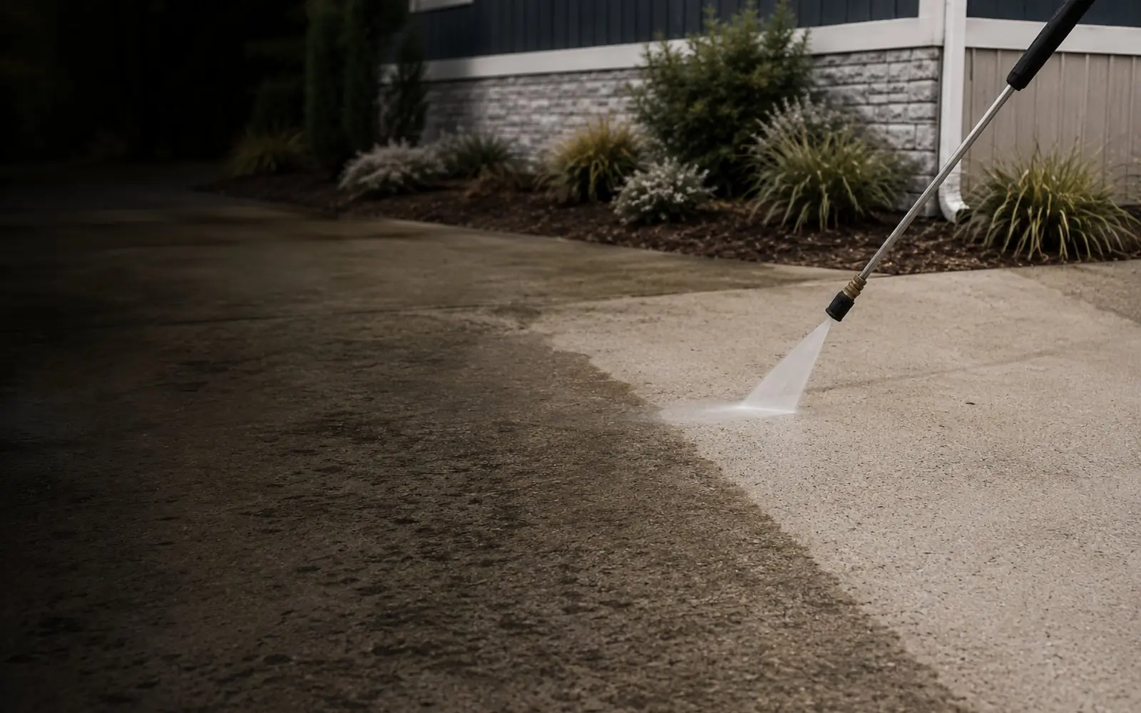 Pressure washer wand cleaning a concrete driveway with a clear cleaned stripe