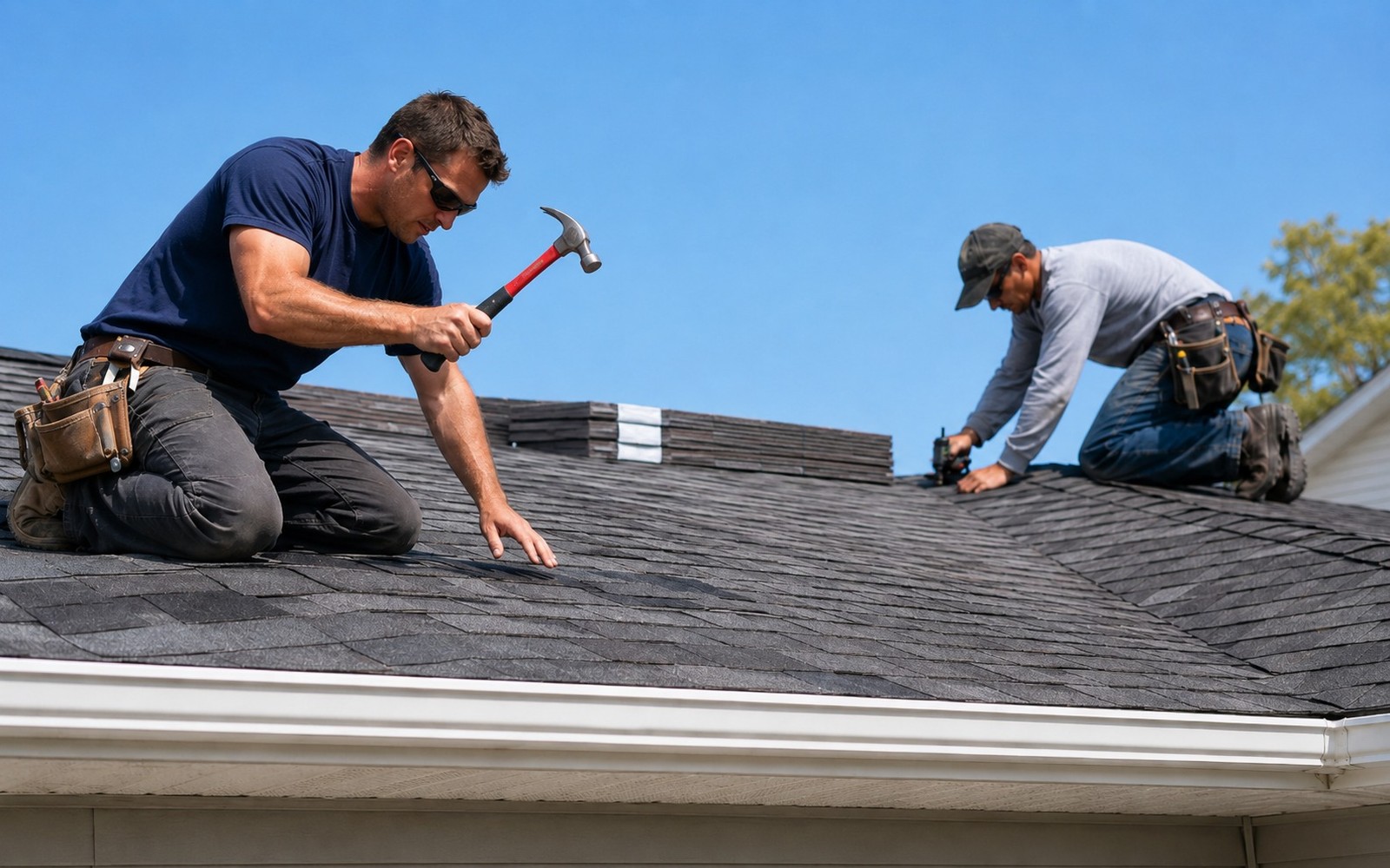 Two roofers installing shingles on a suburban roof under a blue sky