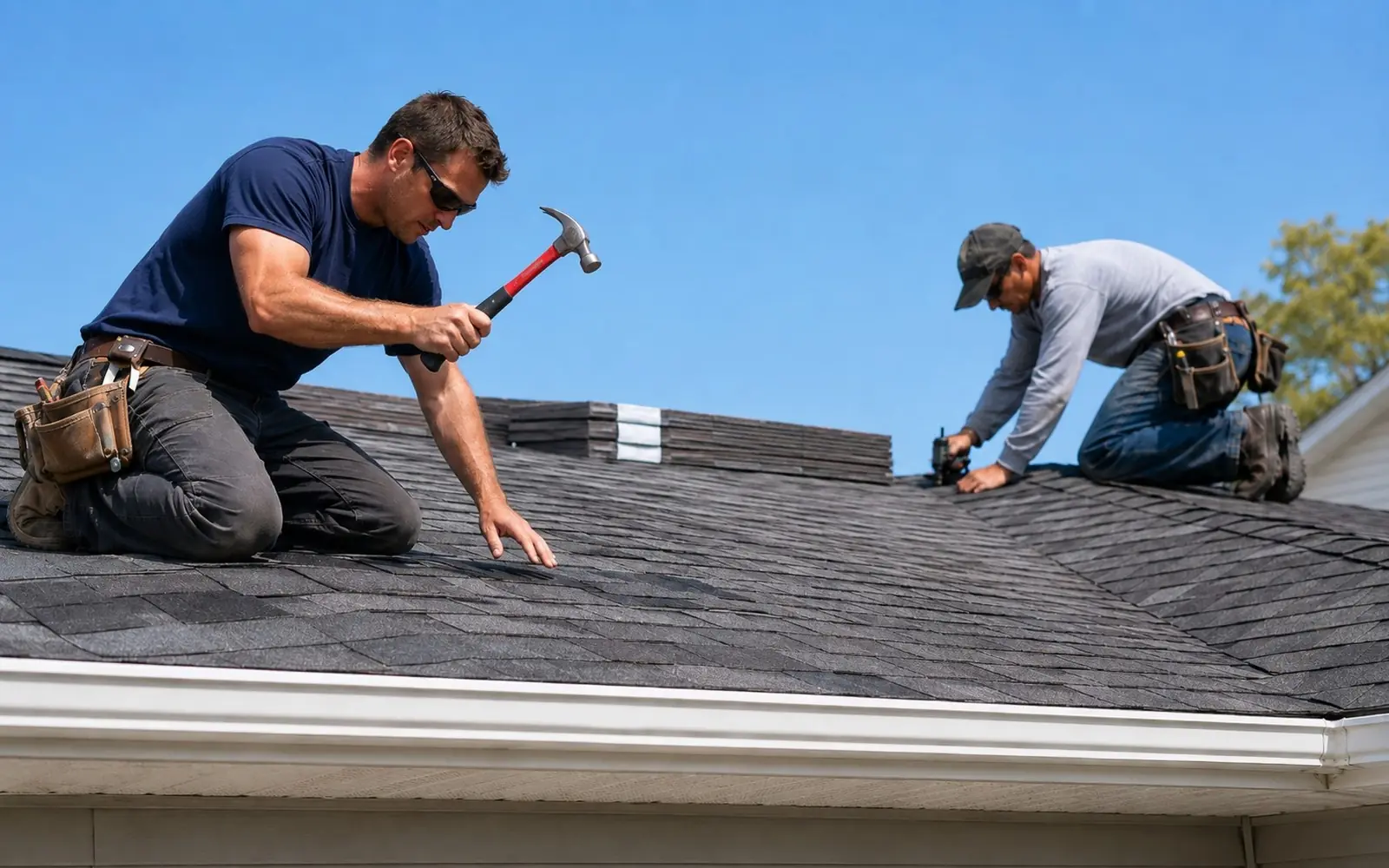 Two roofers installing shingles on a suburban roof under a blue sky