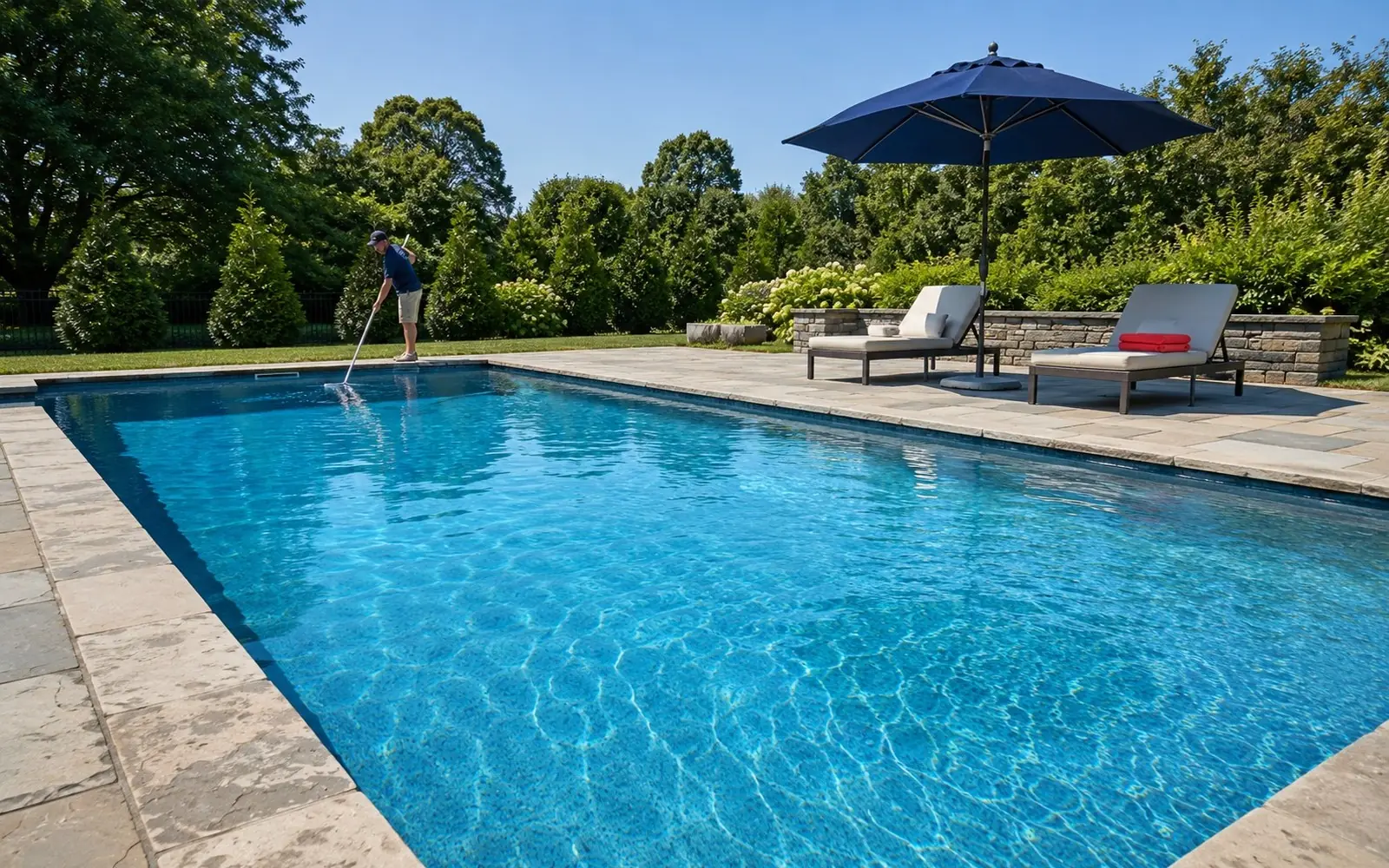Sparkling inground pool with stone coping and patio loungers