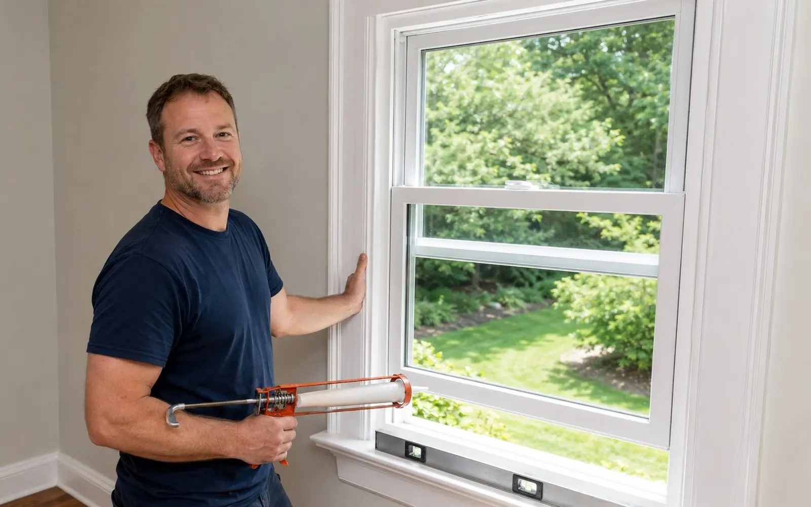 Installer setting a new replacement window into a sunlit opening