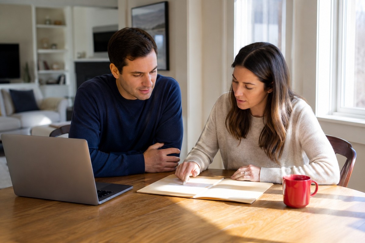 Young couple planning home finances at their dining table with a laptop