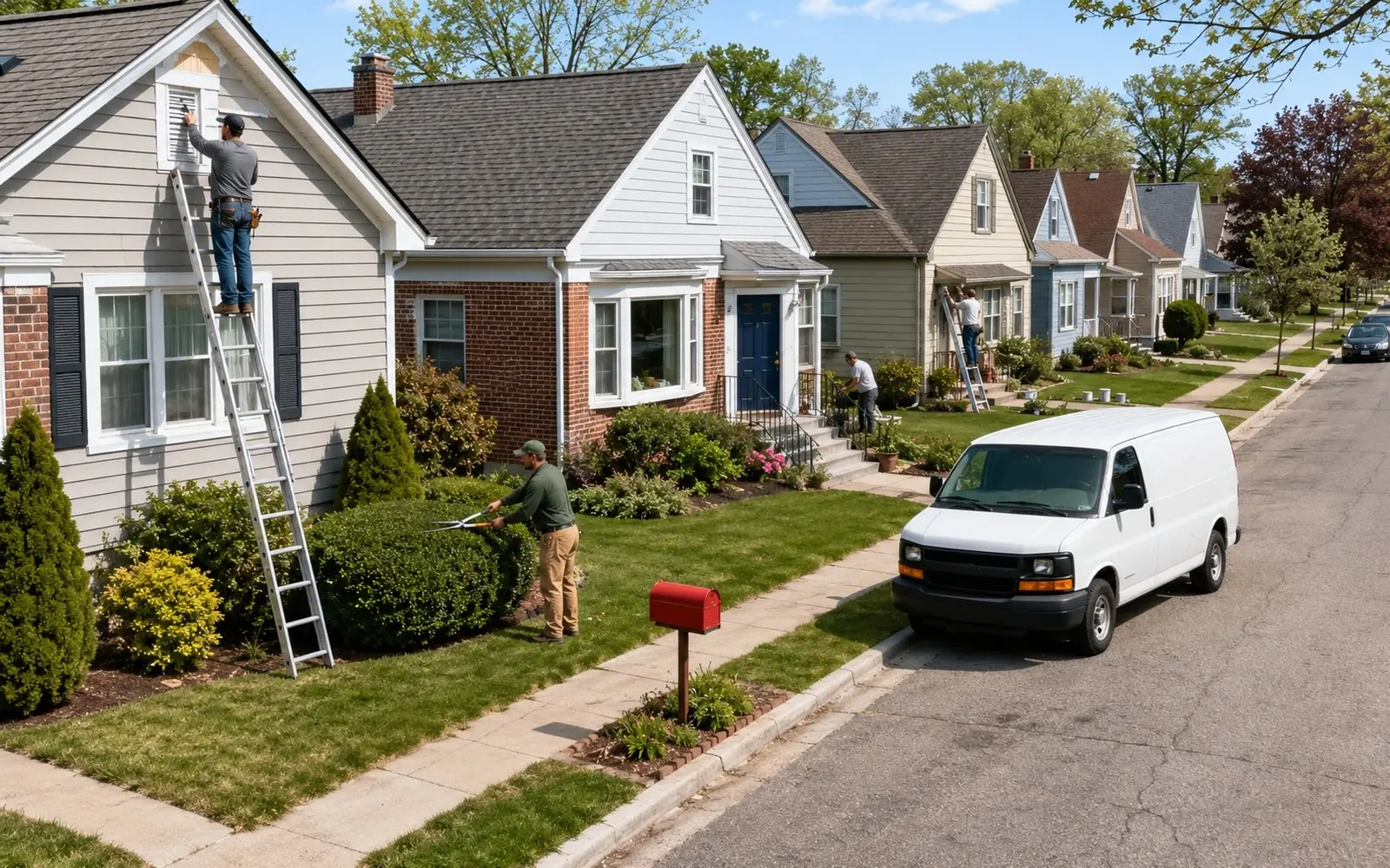 Sunny residential street with home projects underway in several yards