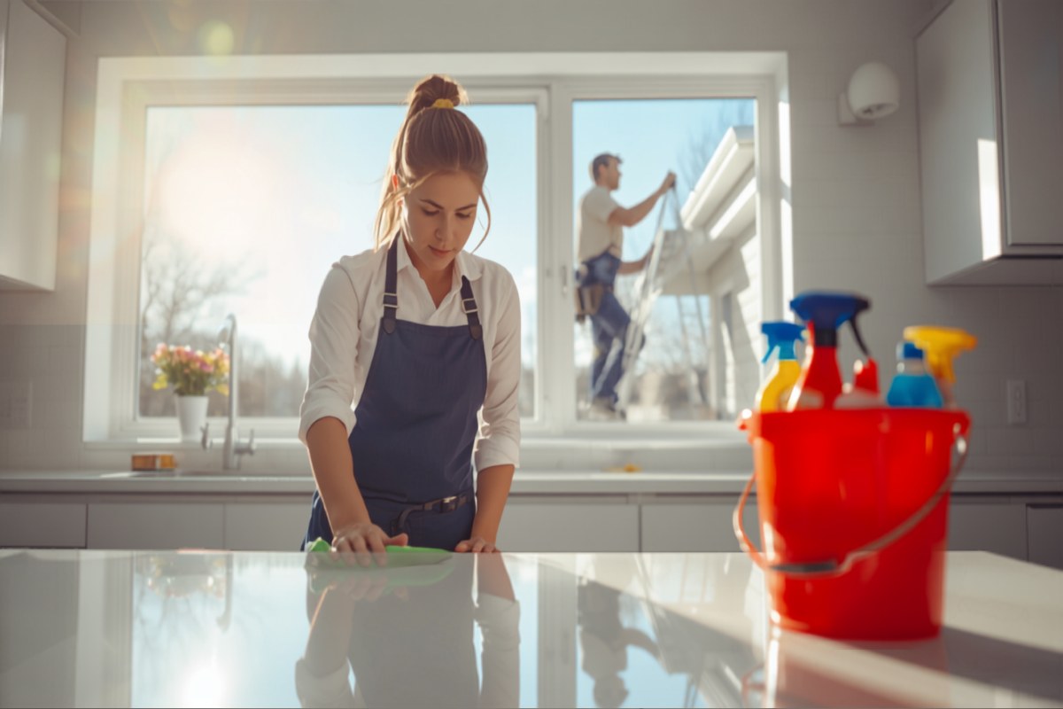 House cleaner wiping a kitchen counter while a technician clears gutters outside
