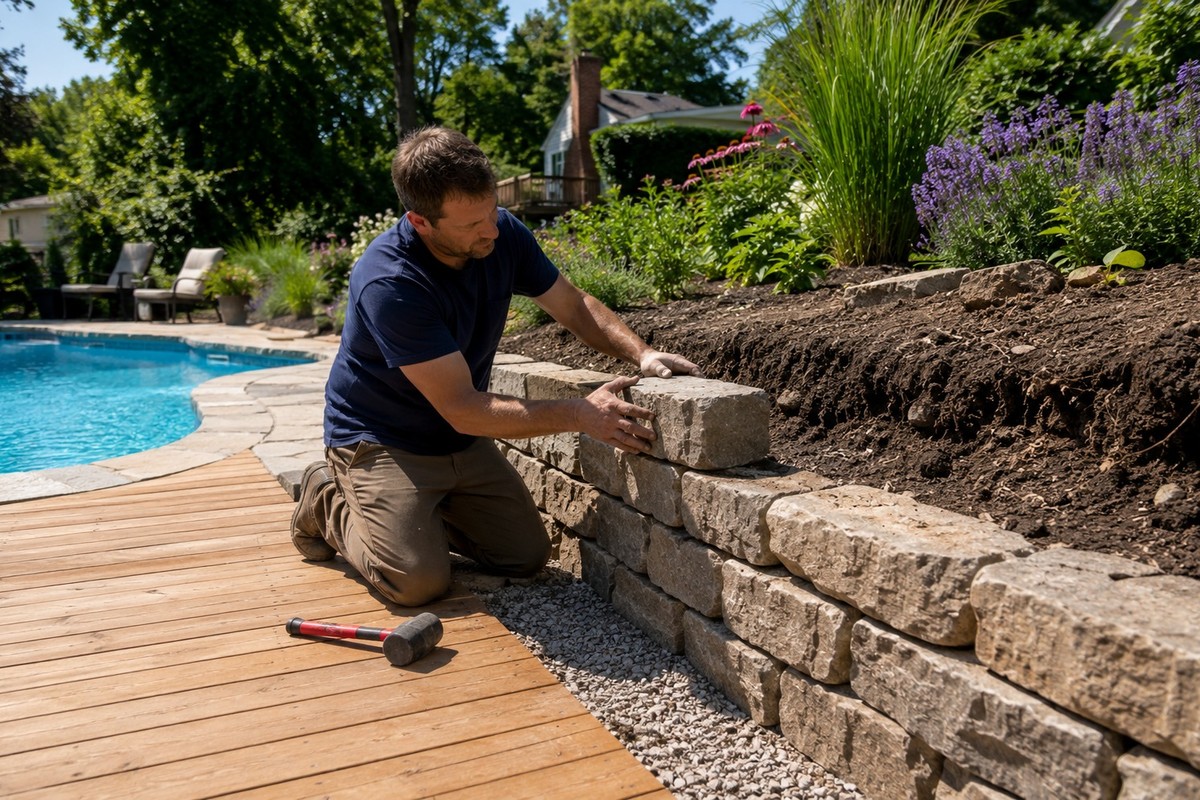Backyard with a new cedar deck, stone retaining wall and a corner of a pool