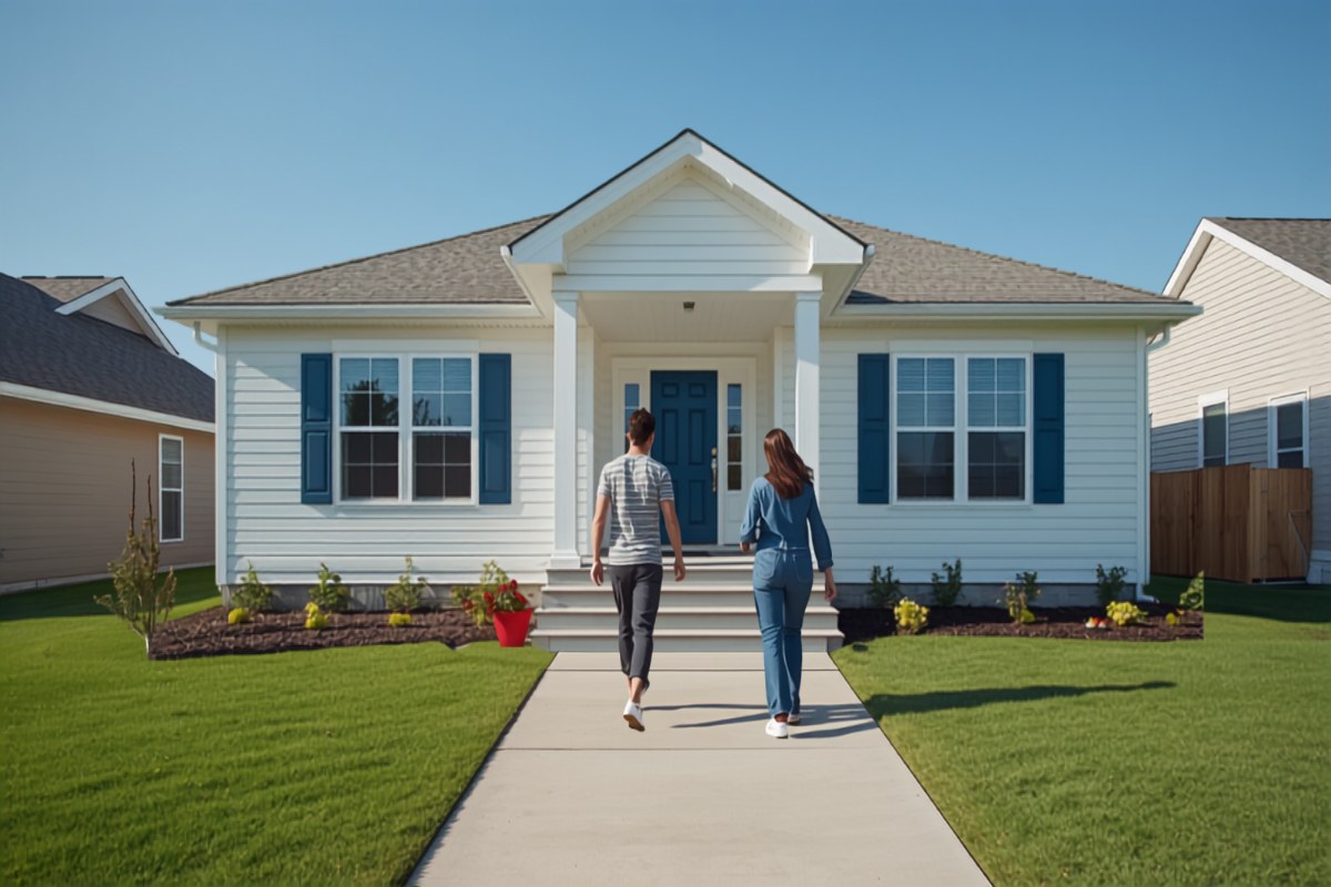 Couple walking up the driveway of a newly built home