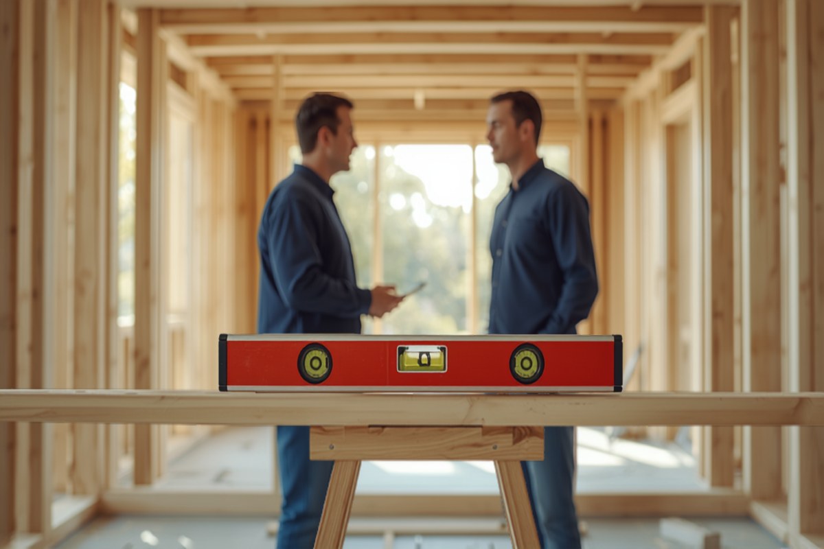 General contractor and carpenter reviewing framing in a home addition